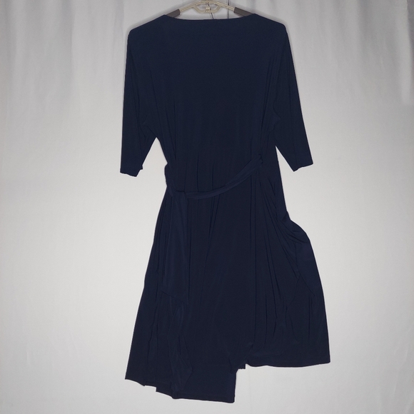 Kiyonna Essentials Wrap Dress 3X Navy Blue Stretch VNeck‎ Tie Elbow Sleeve Midi - Picture 4 of 8